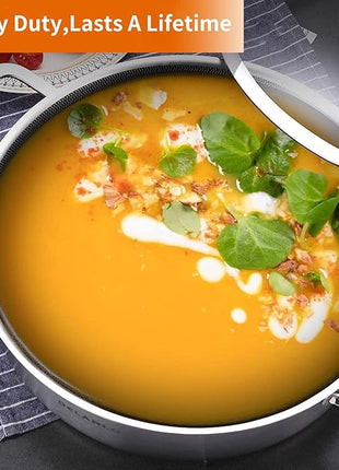 DELARLO Tri-Ply Stainless Steel 10 Inch Deep Frying Pan 3QT Saute Pan With Lid, Induction Compatible Chef Cooking Pan with lid, Dishwasher & Oven Safe