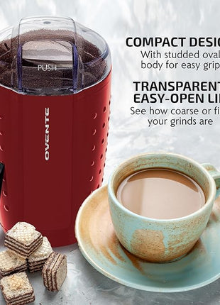 OVENTE Electric Coffee Grinder - Small Portable & Compact Grinding Mill with Stainless Blade for Bean Spices Herb and Tea, Perfect for Home & Kitchen - Maroon CG225M