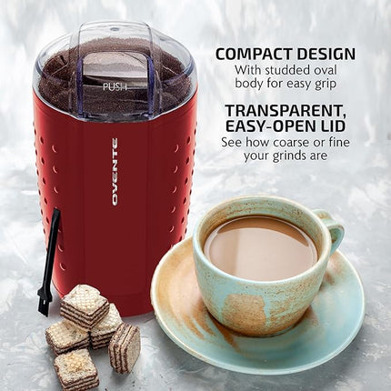 OVENTE Electric Coffee Grinder - Small Portable & Compact Grinding Mill with Stainless Blade for Bean Spices Herb and Tea, Perfect for Home & Kitchen - Maroon CG225M