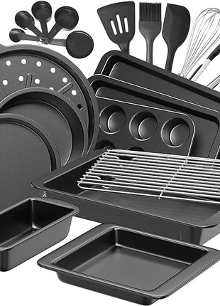 HONGBAKE Bakeware Sets, Baking Pans Set with Kitchen Utensils, Nonstick Oven Pan with Wider Grips, 17 Pieces Including Rack, Cookie Sheet, Cake, Loaf, Muffin, Pizza Pan