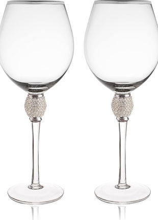 Trinkware Set of 2 Wine Glasses - Rhinestone "DIAMOND" Studded With Silver Rim - Long Stem, 16oz, 10-inches Tall - Elegant Glassware And Stemware