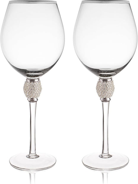 Trinkware Set of 2 Wine Glasses - Rhinestone "DIAMOND" Studded With Silver Rim - Long Stem, 16oz, 10-inches Tall - Elegant Glassware And Stemware