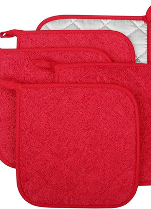 100% Cotton Kitchen Everyday Basic Terry Pot Holder Heat Resistant Coaster Potholder for Cooking and Baking Set of 5 Red