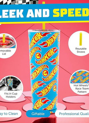 Dragon Glassware x Hot Wheels Insulated Tumbler with Lid and Straw - 24 oz Tumbler Cup with 2 Straws - Stainless Steel Tumbler with Straw for Water, Iced Tea - Travel Coffee Tumbler - Race Team