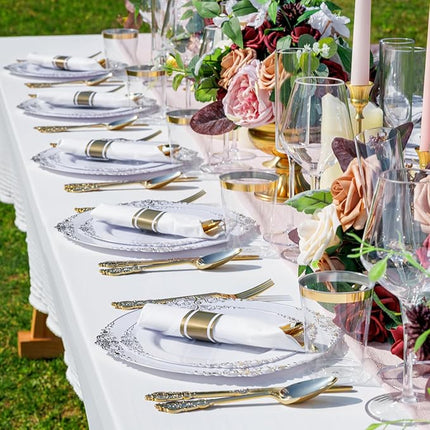 Nervure 350PCS Gold Plastic Plates - Gold Plastic Dinnerware Sets for 50 Guests - 100 Disposable Plates, 150 Silverware, 50 Cups, 50 Napkins for Wedding & Party
