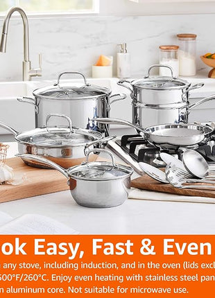 Amazon Basics Stainless Steel Cookware 15-Piece Set, Oven Safe, Pots and Pans, Induction-Ready, Even Heating, Easy to Clean, Heavy Duty, Silver