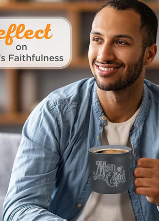 Christian Art Gifts Charcoal Gray Camp-Style Ceramic Coffee Mug – 13 oz. Lead and Cadmium-Free Non-Toxic Inspirational Scripture Coffee and Tea Mug for Men with Bible Verse: Man of God –1 Timothy 6:11