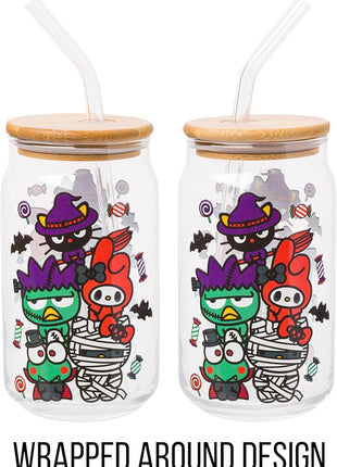 Silver Buffalo Sanrio Hello Kitty &Friends Halloween Spooky Badtz-Maru Frankenstein,Chococat Witch,My Melody Ghost,Keroppi Vampire,Mummy Glass Jar Tumbler w Bamboo Lid&Glass Straw,16oz(Pack of 12)