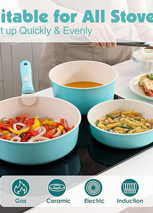 SENSARTE 17 Piece Ceramic Pots and Pans Set, Nonstick Detachable Handle Cookware, Induction Kitchen Cookware Set with Removable Handle, Dishwasher ＆ Oven Safe (Turquoise)