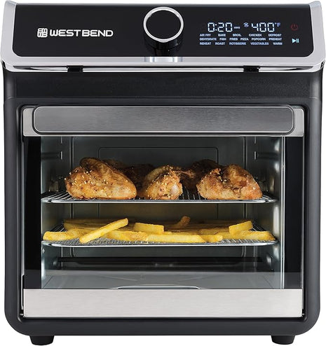 West Bend Air Fryer Oven 15-Quart Capacity with Digital Controls Easy-View Door and 16 Cooking Presets, Includes Eight Cooking Accessories, 1000-Watts, Black