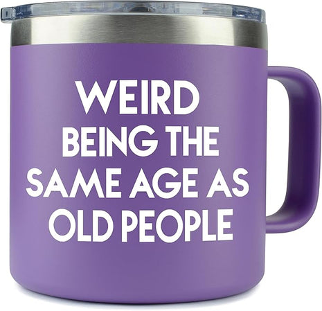 KLUBI 40th Birthday Gifts Women - Weird Being The Same Age As Old People 14oz 50th 60th Birthday Gifts for Women Over 60 Purple Bday Gift Ideas for Adults Cute Funny Celebration Gift for Elderly