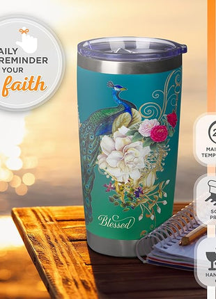 Christian Art Gifts Stainless Steel Double Wall Vacuum Insulated Tumbler 18 oz Peacock Teal Travel Mug with Retractable Lid Inspirational Bible Verse for Women - Blessed Faith -Jeremiah 17:7