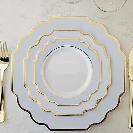 " OCCASIONS " 120 Plates Pack,(60 Guests) Heavyweight Wedding Party Disposable Plastic Plates Set -60 x 10.5'' Dinner + 60 x 8'' Salad/Dessert Plate (Imperial in White/Blue & Gold)