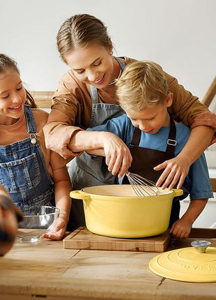 Overmont Enameled Cast Iron Dutch Oven - 5.5QT Pot with Lid Cookbook & Cotton Potholders - Heavy-Duty Cookware for Braising, Stews, Roasting, Bread Baking Goose Yellow