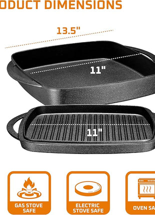 Bruntmor 2-in-1 Pre-Seasoned Cast Iron Dutch Oven with Grill Pan Lid and Handles - 11 Inch Non Stick Square Cast Iron Skillets for Braising, Grilling, and Frying - Heat-Resistant to Oven and Stovetop