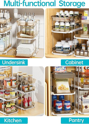Delamu 2 Pack 3-Tier Bathroom Under Sink Organizers and Storage, Multi-Purpose Stackable Pantry Organization and Storage, Pull Out Clear Kitchen Bathroom Cabinet Organizer with Movable Dividers, Amber