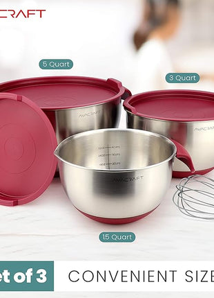 AVACRAFT 18/10 Stainless Steel Mixing Bowls with Lids, non slip silicone base bowls with Handle, Mixing Bowl Set with Pour Spouts & Measurement Marks, Home Essentials Cooking Bowls, (Red)