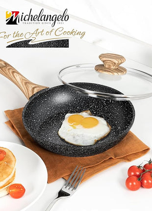 MICHELANGELO 8 Inch Nonstick Frying Pan with Lid, Non Stick Small Frying Pan with Non-Toxic Coating, Non-Stick Skillet with Ergonomic Handle, All Cooktops Compatible, Black