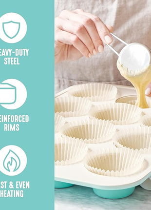 GreenLife 12-Cup Muffin Pan, PFAS-Free Healthy Nonstick Baking Tray, 11.4" x 1.9" x 15.9", Durable Ceramic Bakeware, Cupcakes, Egg Bites, Tarts, Brownies, Turquoise