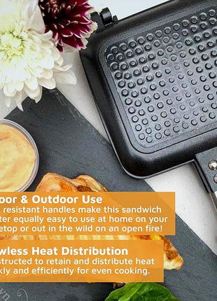 Jean-Patrique Stovetop Panini Grill Press Sandwich Maker, Black – Ceramic Nonstick Grilled Cheese Maker with Handles - Indoor & Outdoor Double-sided Sandwich Toaster