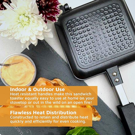 Jean-Patrique Stovetop Panini Grill Press Sandwich Maker, Black – Ceramic Nonstick Grilled Cheese Maker with Handles - Indoor & Outdoor Double-sided Sandwich Toaster