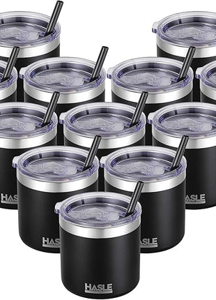 HASLE OUTFITTERS 10oz Insulated Tumblers with Lid and Straw,Stainless Steel Tumbler Travel Coffee Mug,Double Wall Reusable Tumbler Cup for Iced and Hot Drinks(Black,12 Pack)