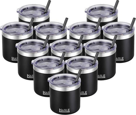 HASLE OUTFITTERS 10oz Insulated Tumblers with Lid and Straw,Stainless Steel Tumbler Travel Coffee Mug,Double Wall Reusable Tumbler Cup for Iced and Hot Drinks(Black,12 Pack)