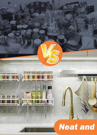 Spice Rack wall mounted 4 Pack, Space-Saving Spice Organizer for Spice Jars and Seasonings,Screw or Adhesive Hanging Spice Rack Organizer for Your Kitchen Cabinet,or Pantry Door,White