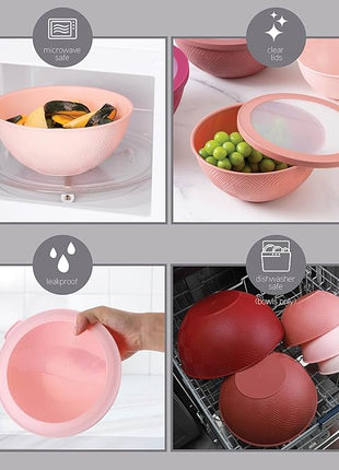 COOK WITH COLOR Mixing Bowls with Lids - 12 Piece Plastic Nesting Bowls Set includes 6 Prep Bowls and 6 Lids, Rhombus Design - Microwave Safe (Rose)