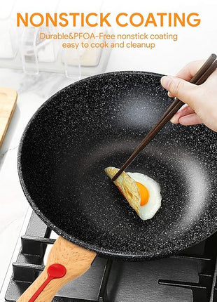 Nonstick Wok Aluminium Die-casting Chinese Wok, Scratch Resistant With Lid and Spatula, PFOA-Free, Dishwasher Safe & Induction Bottom,12 Inch,6L,Large Capacity