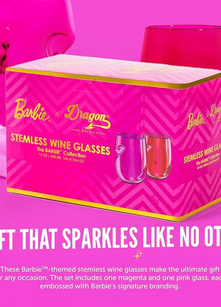 Dragon Glassware x Barbie Wine Glasses - 16 oz Magenta & Pink Wine Glasses Set of 2 - Stemless with Finger Indentations - Aerates Naturally - Barbie Gifts for Women