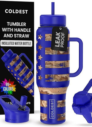 Coldest Tumbler with Handle and Straw - 100% Leak Proof Insulated Tumbler with Lid and Straw (3 Lids) - Stainless Steel Tumblers for Women & Men - Cup Holder Friendly Base, 46 oz (The Democrat)