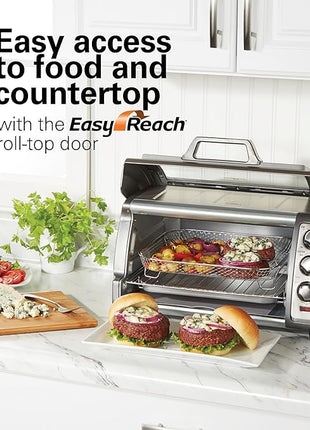 Hamilton Beach Air Fryer Toaster Oven Combo with Large Capacity, Fits 6 Slices or 12” Pizza, 4 Cooking Functions for Convection, Bake, Broil, Roll-Top Door, Easy Reach Sure-Crisp, Stainless Steel