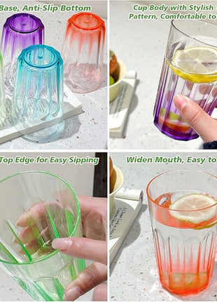 Plastic Drinking Glasses Set of 8, Plastic Cups Reusbale Tumblers for Kitchen Camping, Water Cup Set with Gradient Color, Unbreakable Bathroom Cups, BPA Free, Dishwasher Safe, 15.2oz, 4 Colors,8 Pack