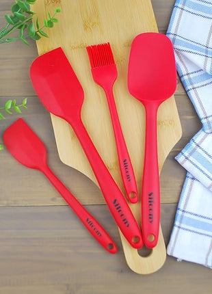 Set of 4 Pure Silicone Spatulas Spoon Pastry Basting Brush Heat Resistant (11"-8.4") (4, Spatula Set - Red)