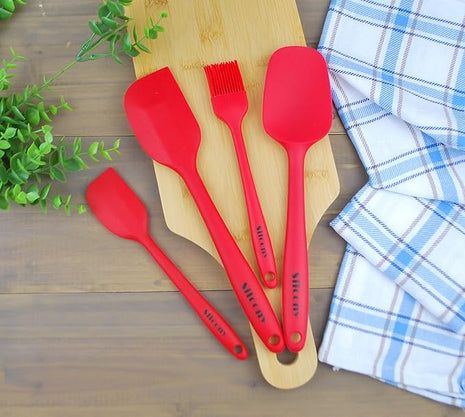 Set of 4 Pure Silicone Spatulas Spoon Pastry Basting Brush Heat Resistant (11"-8.4") (4, Spatula Set - Red)