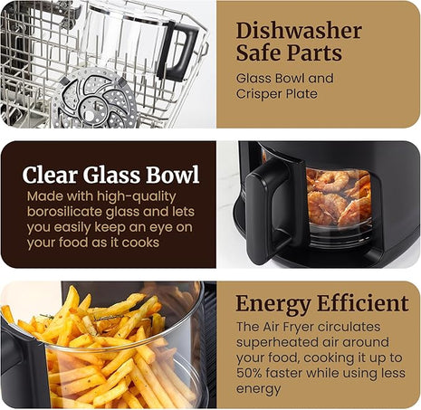 Elite Gourmet EAF2305 Glass Air Fryer, 2.4Qt Capacity, PFAS Free Ceramic Coated Ceralast™ Air Fry Rack, Adjustable Temperature 175°F to 400°F, 30-Minute Timer, 1150-Watts, 15 Recipes, Black