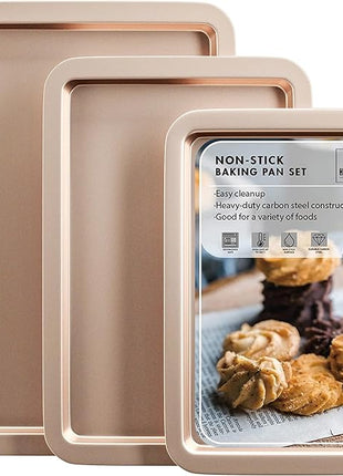 HONGBAKE Cookie Sheets, Baking Sheet Set, Nonstick Oven Pan with Wider Grips, 3 Pack Half/Jelly Roll/Quarter Baking Tray, Premium & Dishwasher Safe