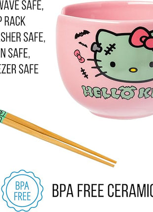 Silver Buffalo Sanrio Hello Kitty Halloween Spooky Frankenstein Ceramic Ramen Bowl with Chopsticks, Microwave Safe, 20 Ounces