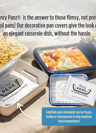 Fancy Panz - Blue Marble Premium Aluminum Foil Pan Carrier with Lid & Hot/Cold Pack - Elevated Food Serving Tray - Portable Casserole Carrier with Lid - Made in the USA Hosting Essentials