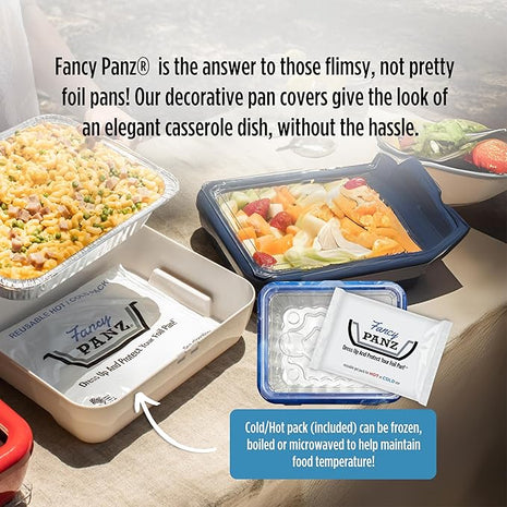 Fancy Panz - Blue Marble Premium Aluminum Foil Pan Carrier with Lid & Hot/Cold Pack - Elevated Food Serving Tray - Portable Casserole Carrier with Lid - Made in the USA Hosting Essentials