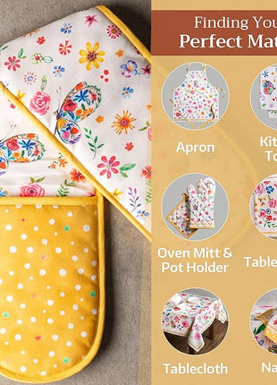Maison d' Hermine Double Oven Mitts 100% Cotton 7"x35" Double Oven Mitt Heat Resistant BBQ Cooking Gloves with Loop, Baking, Grilling, Kitchen, Handling Hot Pans Spring Summer (Happy Florals - Sweety)