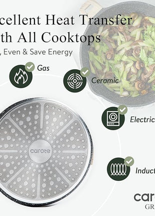 CAROTE 12Inch Nonstick Deep Frying Pan with Lid, 5.5 Qt Jumbo Cooker Saute Pan with Pour Spout, Skillet Induction Cookware, Non Stick Cooking Pan PFOA Free, Classic Granite