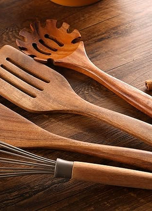 Wooden Kitchen Utensils Set with Holder, NAYAHOSE 11 Pcs Teak Wooden Cooking Spoons and Spatulas with Stainless Steel Storage Barrel