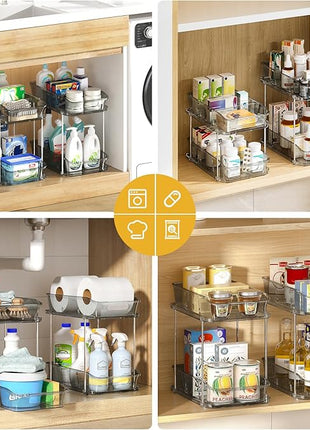 Delamu 2-Tier Under Sink Organizers and Storage, Multi-Purpose Stackable Bathroom Cabinet Organizers, Pull Out Kitchen Pantry Organization and Storage with Dividers(4 Pack, Grey)