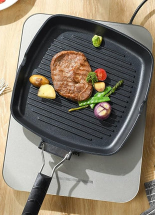 SKITCHN Grill Pan With Folding Handle, Nonstick for Stove Tops, Induction Compatible KBBQ With Pour Spouts, Indoor Square BBQ Grilling - 9IN