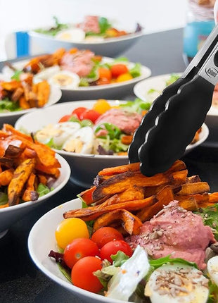 Kaluns Kitchen Tongs for Cooking Grilling Set of 4, BBQ Grill Tongs With Silicone Tip Stainless Steel Heat Resistant, Non-stick Pull Lock, Incl 7, 9, 12 Inch Tong Plus a Silicone Spatula