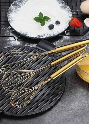 Berglander Gold Whisk Pack of 3 Stainless Steel 8",10",12", Titianium Plating Whisks for Cooking, Beater,Wire Whisk Set Kitchen Wisk (Gold)