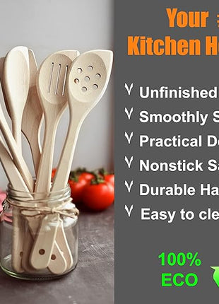 ECOSALL Healthy Wooden Spoons For Cooking Set of 6. Safe and Reliable Cooking Utensils for Kitchen – 100% Natural Nonstick Wood Spatula Spoon For Scraping, Stirring, Serving – Uncoated Solid Hardwood