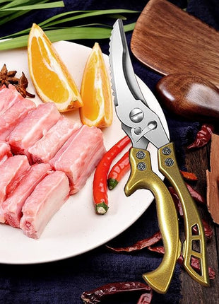 ANDONG Heavy Duty Kitchen Poultry Shears with Serrated Edge, Spring Loaded Kitchen Scissors, Professional Chicken Shears, Gold